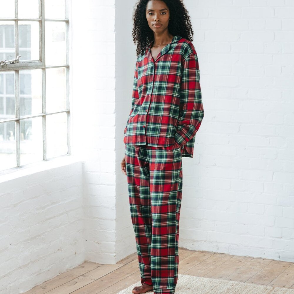 Chelsea Peers Organic Cotton Brushed Check Long Pajama Set - Red Medium New